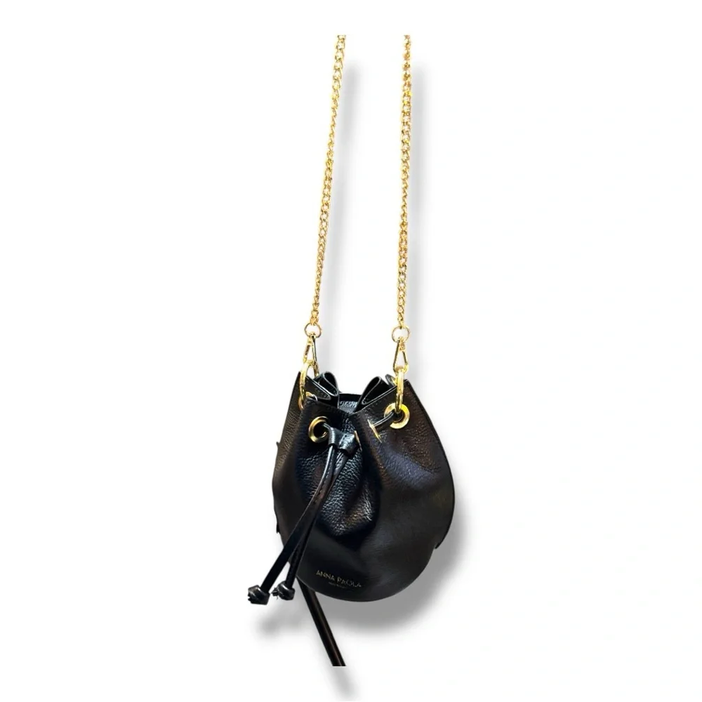ANNA PAOLA Black Leather Mini Bucket Bag with Gold Chain - Picture 5 of 9